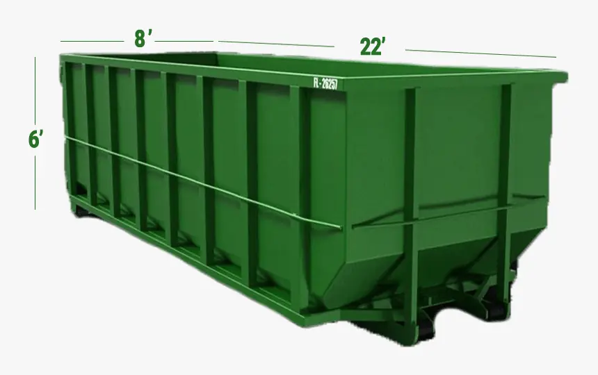 30-yard roll-off dumpster measuring 22 ft long, 8 ft wide and 6 ft high