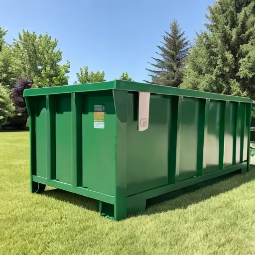 Green roll-off dumpster on a lawn